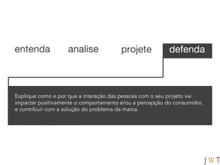 entenda            analise             projete           defenda



Explique como e por que a interação das pessoas com o seu projeto vai
impactar positivamente o comportamento e/ou a percepção do consumidor,
e contribuir com a solução do problema da marca.
 