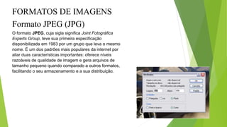 FORMATOS DE IMAGENS
Formato JPEG (JPG)
O formato JPEG, cuja sigla significa Joint Fotográfica
Experts Group, teve sua primeira especificação
disponibilizada em 1983 por um grupo que leva o mesmo
nome. É um dos padrões mais populares da internet por
aliar duas características importantes: oferece níveis
razoáveis de qualidade de imagem e gera arquivos de
tamanho pequeno quando comparado a outros formatos,
facilitando o seu armazenamento e a sua distribuição.
 