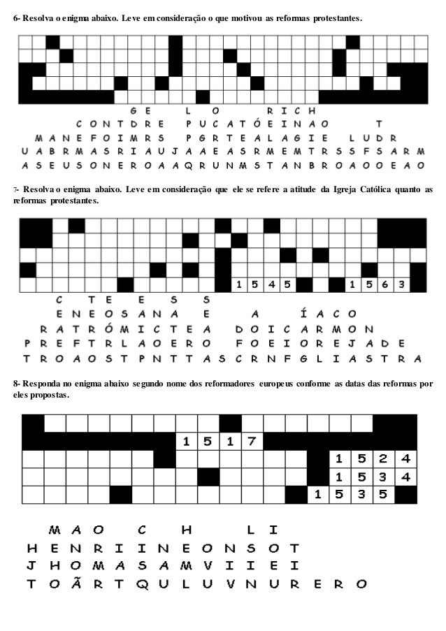 Exercício 7º ano reformas protestantes Exercício 7º ano reformas protestantes