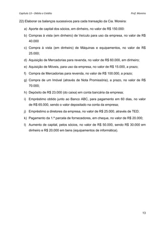 Capítulo 13 – Débito e Crédito  Prof. Moreira 
13
22) Elaborar os balanços sucessivos para cada transação da Cia. Moreira:
a) Aporte de capital dos sócios, em dinheiro, no valor de R$ 150.000:
b) Compras à vista (em dinheiro) de Veículo para uso da empresa, no valor de R$
40.000
c) Compra à vista (em dinheiro) de Máquinas e equipamentos, no valor de R$
25.000;
d) Aquisição de Mercadorias para revenda, no valor de R$ 60.000, em dinheiro;
e) Aquisição de Móveis, para uso da empresa, no valor de R$ 15.000, a prazo;
f) Compra de Mercadorias para revenda, no valor de R$ 100.000, a prazo;
g) Compra de um Imóvel (através de Nota Promissória), a prazo, no valor de R$
70.000;
h) Depósito de R$ 23.000 (do caixa) em conta bancária da empresa;
i) Empréstimo obtido junto ao Banco ABC, para pagamento em 60 dias, no valor
de R$ 65.000, sendo o valor depositado na conta da empresa;
j) Empréstimo a diretores da empresa, no valor de R$ 25.000, através de TED;
k) Pagamento da 1.ª parcela de fornecedores, em cheque, no valor de R$ 20.000;
l) Aumento de capital, pelos sócios, no valor de R$ 50.000, sendo R$ 30.000 em
dinheiro e R$ 20.000 em bens (equipamentos de informática).
 