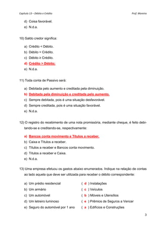Capítulo 13 – Débito e Crédito  Prof. Moreira 
3
d) Coisa favorável.
e) N.d.a.
10) Saldo credor significa:
a) Crédito < Débito.
b) Débito > Crédito.
c) Débito ≥ Crédito.
d) Crédito > Débito;
e) N.d.a.
11) Toda conta de Passivo será:
a) Debitada pelo aumento e creditada pela diminuição.
b) Debitada pela diminuição e creditada pelo aumento.
c) Sempre debitada, pois é uma situação desfavorável.
d) Sempre creditada, pois é uma situação favorável.
e) N.d.a.
12) O registro do recebimento de uma nota promissória, mediante cheque, é feito debi-
tando-se e creditando-se, respectivamente:
a) Bancos conta movimento e Títulos a receber.
b) Caixa e Títulos a receber.
c) Títulos a receber e Bancos conta movimento.
d) Títulos a receber e Caixa.
e) N.d.a.
13) Uma empresa efetuou os gastos abaixo enumerados. Indique na relação de contas
ao lado aquela que deve ser utilizada para receber o débito correspondente:
a) Um prédio residencial ( d ) Instalações
b) Um armário ( c ) Veículos
c) Um automóvel ( b ) Móveis e Utensílios
d) Um letreiro luminoso ( e ) Prêmios de Seguros a Vencer
e) Seguro do automóvel por 1 ano ( a ) Edifícios e Construções
 