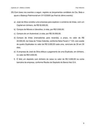 Capítulo 13 – Débito e Crédito  Prof. Moreira 
9
20) Com base nos eventos a seguir, registre os lançamentos contábeis da Cia. Beta e
apure o Balanço Patrimonial em 31/12/2005 (ao final do último evento):
a) José da Silva constitui uma empresa para explorar o comércio de tintas, com um
Capital em dinheiro, de R$ 50.000,00;
b) Compra de Móveis e Utensílios, à vista, por R$ 5.000,00;
c) Compra de um Automóvel, à vista, por R$ 30.000,00;
d) Compra de tintas (mercadorias para revenda), a prazo, no valor de R$
20.000,00, da Casa de Tintas Colorida, conforme Nota Fiscal n.º 123, com aceite
de quatro Duplicatas no valor de R$ 5.000,00 cada uma, vencíveis de 30 em 30
dias;
e) A empresa de José da Silva efetua o pagamento de uma Duplicata, em dinheiro,
no valor de R$ 5.000,00;
f) É feito um depósito com dinheiro do caixa no valor de R$ 5.000,00 na conta
bancária da empresa, conforme Recibo de Depósito do Banco Itaú S.A.
 