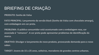 BRIEFING DE CRIAÇÃO
PRODUTO: Sonho de Valsa
FATO PRINCIPAL: Lançamento da versão black (Sonho de Valsa com chocolate amargo),
com embalagem em cor preta.
PROBLEMA: O público consumidor está acostumado com a embalagem rosa, cor
associada à "romance". A cor preta pode apresentar problemas de identificação da
marca.
OBJETIVO: Divulgar o lançamento do novo produto, provocando demanda para o novo
sabor.
TARGET: Jovens de 15 a 25 anos, solteiros, moradores de grandes centros urbanos.
 