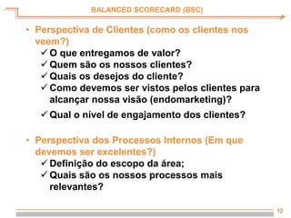 12
BALANCED SCORECARD (BSC)
• Perspectiva de Clientes (como os clientes nos
veem?)
 O que entregamos de valor?
 Quem são os nossos clientes?
 Quais os desejos do cliente?
 Como devemos ser vistos pelos clientes para
alcançar nossa visão (endomarketing)?
 Qual o nível de engajamento dos clientes?
• Perspectiva dos Processos Internos (Em que
devemos ser excelentes?)
 Definição do escopo da área;
 Quais são os nossos processos mais
relevantes?
 