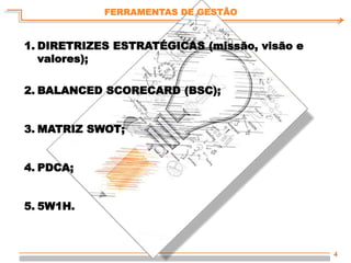 4
FERRAMENTAS DE GESTÃO
1. DIRETRIZES ESTRATÉGICAS (missão, visão e
valores);
2. BALANCED SCORECARD (BSC);
3. MATRIZ SWOT;
4. PDCA;
5. 5W1H.
 