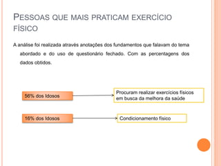 PESSOAS QUE MAIS PRATICAM EXERCÍCIO
FÍSICO
A análise foi realizada através anotações dos fundamentos que falavam do tema
abordado e do uso de questionário fechado. Com as percentagens dos
dados obtidos.
56% dos Idosos
Procuram realizar exercícios físicos
em busca da melhora da saúde
16% dos Idosos Condicionamento físico
 