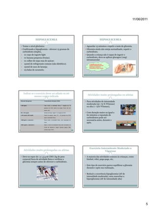11/06/2011




                             HIPOGLICEMIA                                                                           HIPOGLICEMIA

   Testar o nível glicêmico                                                                    Aguardar 15 minutos e repetir o teste de glicemia.
   Confirmada a hipoglicemia - oferecer 15 gramas de                                           Glicemia ainda não esteja normalizado, repetir o
   carboidrato simples,                                                                        carboidrato.
    01 copo de iogurte light                                                                   Quando a criança não é capaz de ingerir o
    01 banana pequena (frutas).                                                                carboidrato, deve-se aplicar glucagon (1mg)
    01 colher de sopa rasa de açúcar;                                                          intramuscular
    150ml de refrigerante comum (não-dietético);                                                 A hipoglicemia deve ser
                                                                                                 tratada imediatamente pois
    150ml de suco de laranja;                                                                    pode levar à perda da
                                                                                                 consciência, coma e morte.
    03 balas de caramelo;




     Indicar se o exercício dever ser adiado ou até
                                                                                                Atividades muito prolongadas ou atletas
                mesmo contra-indicada
G lice mia Sa nguínea            C arboidra tos S imples ( CHO )
                                                                                               Para atividades de intensidade
                                                                                               moderada (50 -75 % VO2max)
< 80 mg /d L                     N ão ini ciar a ativi da de físi ca + ingesta de 1 5
                                                                                               ou alta (> 75% VO2max),
                                 gr amas de CHO (bar ra d e cer eal; fruta; me l em

                                 sache, etc).

80 a 1 40 mg/dL                  Antes d e ini cia r: inger ir 1 a 2 g/kg de CHO .             Com duração maior ou igual a
>14 0 mg/dL<250 mg /dL           Fai xa d e segura; r ep or 15 – 3 0 g ra mas de C HO          60 minutos a reposição de
                                 ap ós a atividade física.                                     carboidratos pode ser
>30 0mg /d L e cetonúria -       Pode i nicia r a ativid ad e física, sem re posiçã o d e      necessária antes, durante e
                                 CHO .                                                         após.
>30 0 mg/dL e cet onúria +       Adiar o iníci o d a ativida de físi ca a té no rmaliza r os

                                 níve is de cetonas e in gerir líquidos (á gua ). Nã o

                                 pr ecisa repo r CHO .




                                                                                                  Exercício Intermitente Moderado a
     Atividades muito prolongadas ou atletas                                                                   Vigoroso

   Deve-se repor de 1 a 1,5 g de CHO /kg de peso                                               A maioria das atividades comuns às crianças, como
   corporal/hora de atividade física e verificar a                                             futebol, vôlei, pega-pega, etc,
   glicemia sempre antes de oferecer o carboidrato.
                                                                                               Este tipo de exercício parece equilibrar a glicemia
                                                                                               durante e após sua realização,

                                                                                               Reduzir a ocorrência hipoglicemia (AF de
                                                                                               intensidade moderada), nem exacerbar a
                                                                                               hiperglicemia (AF de intensidade alta)




                                                                                                                                                             5
 