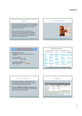 11/06/2011




Efeito do treinamento resistido em Diabetes
                   tipo I                                                             Diabetes mellitus tipo 2

Farrel e cols. (1999) demonstraram que oito semanas
de treinamento físico resistido em ratos com DM por
STZ induziram redução da glicemia associada a
ganho de massa muscular.

Deve-se ressaltar que não existem dados na
literatura com relação aos benefícios metabólicos,
cardiovasculares e autonômicos, dos exercícios
resistidos na promoção da saúde em pacientes com
DM do tipo 1 (ANGELIS, 2006).




             DIABETES MELLITUS                                                         Opções para Terapia
       PREVALÊNCIA E EPIDEMIOLOGIA
                                                              Sulfonilureias Meglitinidas              Biguanidas             Tiazolidinedionas       Inibidores
Diabetes mellitus tipo 2                                                                                                                             Α glucosidase
  Populações de risco: hispânicos, afro-americanos e índios   População          População alvo População alvo População alvo
                                                                                                                                                     População alvo
  americanos                                                  alvo               - ∆ recente            - Excesso             - Resistência insul.
                                                                                                                                                     - glc posprandial
                                                               - ∆ recente       - glc pos prandial    peso/obeso             - Exc. peso/obeso
                                                               - < 5 anos                               -Resistência
 Crescente prevalência                                        duração            Vantagens             insulina               Vantagens
                                                                                                                                                     Vantagens
                                                                                  - risco ↓ d
                                                                                     i      de                                 -necessidade
                                                                                                                                       id d
Obesidade no Brasil: 3,1% ⇒ 5,9%                              Vantagens          hipoglc               Vantagens              insulina
                                                                                                                                                     - risco↓hipoglc
                     8,2% ⇒ 13,3%                              -rápida redução    - acção curta        - não peso              - risco de hipoglc
                                                              de glicémia         - dose ajustada à    - risco ↓ hipoglc
                                                               -baixo custo      refeição                                     Desvantagens
  4 estudos (USA, Canadá e Japão)                                                                      Desvantagens           - alto custo
                                                                                                                                                     Desvantagens
                                                                                                                                                     -alto custo
  5anos: 1985 - 0,8 casos/ano         ⇑ 1050%                 Desvantagens Desvantagens                - disturbios GI        - peso
                                                                                                                                                     - distúrbios GI
  1998 - 8,4 casos/ano                                         -aumento de       - alto custo          -alto custo            - inicio de ação lento
                                                              peso                                     - rara/ acid. latica   - toxicidade hepatica
                                                               -risco de
                                                              hipoglicémia

                                                                             Iniciar terapia combinada se um único agente for insuficiente




              Diabetes mellitus tipo 2                                                                Diagnóstico

É uma doença metabólica caracterizada por um
aumento anormal do açúcar ou glicose no sangue,
caracterizada pela resistência insulínica.

O diabetes mellitus tipo 2 (DM2) e a forma presente
em 90%-95% dos casos e caracteriza- se por defeitos
na ação e na secreção da insulina.




                                                                                                                                                                         7
 