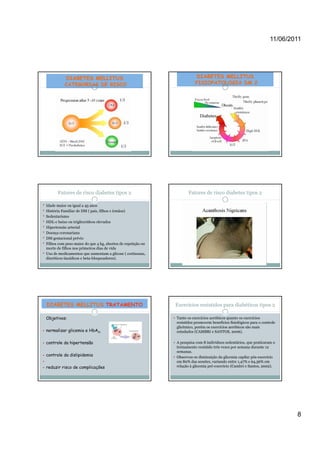 11/06/2011




          DIABETES MELLITUS                                             DIABETES MELLITUS
          CATEGORIAS DE RISCO                                           FISIOPATOLOGIA DM 2




      Fatores de risco diabetes tipos 2                             Fatores de risco diabetes tipos 2

Idade maior ou igual a 45 anos
História Familiar de DM ( pais, filhos e irmãos)
Sedentarismo
HDL-c baixo ou triglicerídeos elevados
Hipertensão arterial
Hi t      ã     t i l
Doença coronariana
DM gestacional prévio
Filhos com peso maior do que 4 kg, abortos de repetição ou
morte de filhos nos primeiros dias de vida
Uso de medicamentos que aumentam a glicose ( cortisonas,
diuréticos tiazídicos e beta-bloqueadores).




DIABETES MELLITUS TRATAMENTO                                 Exercícios resistidos para diabéticos tipos 2

Objetivos:                                                   Tanto os exercícios aeróbicos quanto os exercícios
                                                             resistidos promovem benefícios fisiológicos para o controle
                                                             glicêmico, porém os exercícios aeróbicos são mais
normalizar glicemia e HbA1c                                  estudados (CAMBRI e SANTOS, 2006).

controle da hipertensão                                      A pesquisa com 8 indivíduos sedentários, que praticaram o
                                                             treinamento resistido três vezes por semana durante 12
                                                             semanas.
controle da dislipidemia                                     Observou-se diminuição da glicemia capilar pós-exercício
                                                             em 80% das sessões, variando entre 1,47% e 64,36% em
reduzir risco de complicações                                relação à glicemia pré-exercício (Cambri e Santos, 2002).




                                                                                                                            8
 