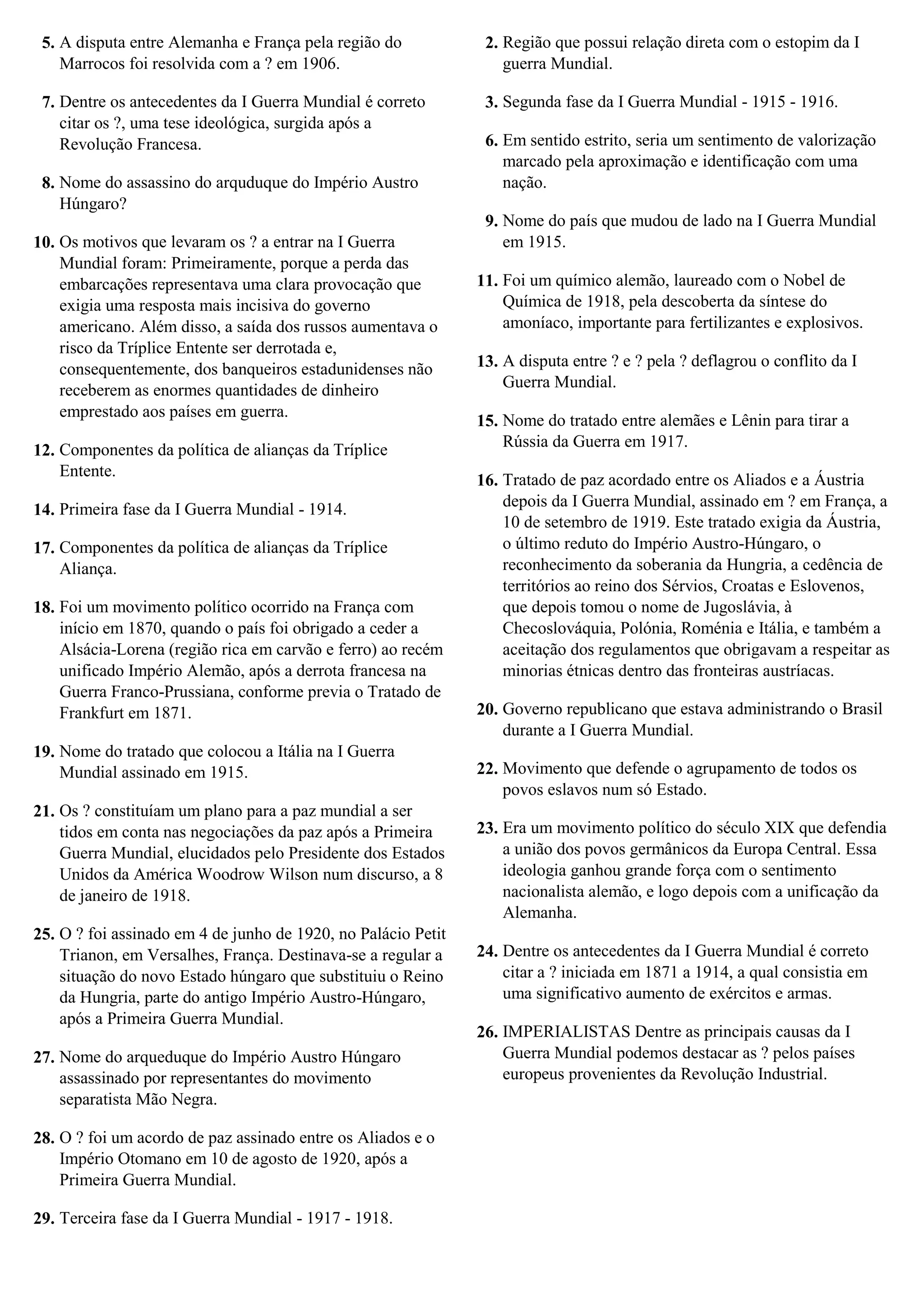 Exercício GABARITO 9ª ano cruzadinha Primeira Guerra Mundial 2023.docx