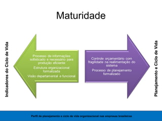 Maturidade
Perfil de planejamento e ciclo de vida organizacional nas empresas brasileiras
PlanejamentoeCiclodeVidaPlanejamentoeCiclodeVida
IndicadoresdoCiclodeVidaIndicadoresdoCiclodeVida
 