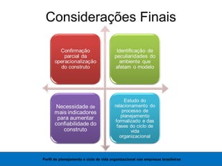 Considerações Finais
Perfil de planejamento e ciclo de vida organizacional nas empresas brasileiras
 