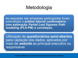 Metodologia
Perfil de planejamento e ciclo de vida organizacional nas empresas brasileiras
 