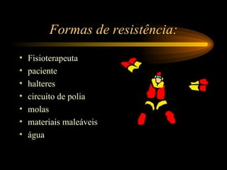 Formas de resistência: Fisioterapeuta paciente halteres circuito de polia molas materiais maleáveis água 