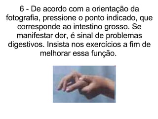 6 - De acordo com a orientação da fotografia, pressione o ponto indicado, que corresponde ao intestino grosso. Se manifestar dor, é sinal de problemas digestivos. Insista nos exercícios a fim de melhorar essa função.  