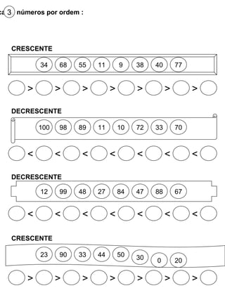 Coloca os números por ordem : 3 34 > > > > > > > 68 55 11 9 38 40 77 CRESCENTE 100 98 89 11 10 72 33 70 DECRESCENTE < < < < < < < 12 99 48 27 84 47 88 67 DECRESCENTE < < < < < < < 23 > > > > > > > 90 33 44 50 30 0 20 CRESCENTE 