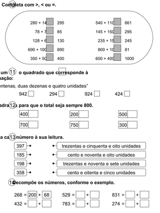10 Assinala com um  X  o quadrado que corresponde à seguinte afirmação: 11 “ nove centenas, duas dezenas e quatro unidades” 942 294 924 424 Completa os quadrados para que o total seja sempre 800. 12 400 700 Liga cada número à sua leitura. 13 397 185 198 358 trezentas e cinquenta e oito unidades cento e noventa e oito unidades trezentas e noventa e sete unidades cento e oitenta e cinco unidades 280 + 14 78 + 7 128 + 6 690 + 100 350 + 50 295 85 130 890 400 540 + 110 145 + 150 235 + 15 800 + 10 600 + 400 661 295 245 81 1000 Completa com  >, < ou = . 14 Decompõe os números, conforme o exemplo. 268 = 200 + 68 432 = + 529 = + 783 = + 831 = + 274 = + 200 750 500 300 