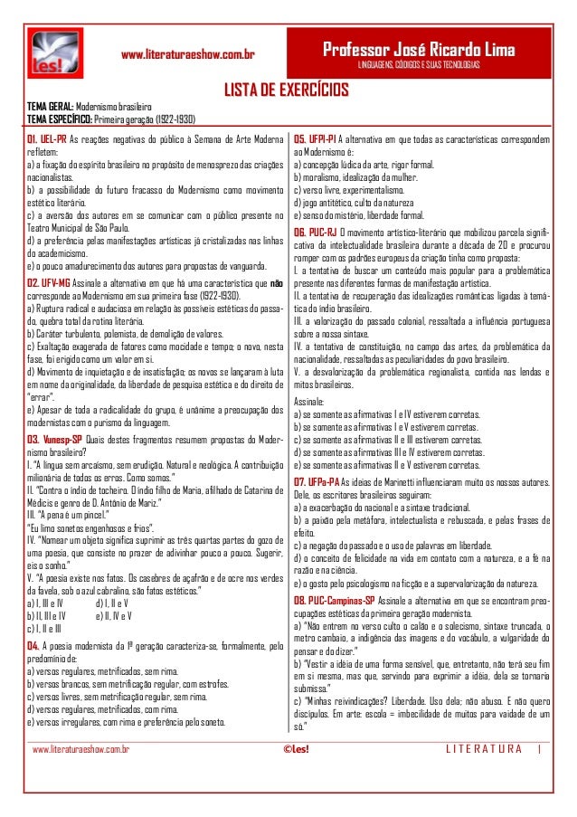Os 10 Melhores Exerccios Sobre Os Autores Do Modernismo Com