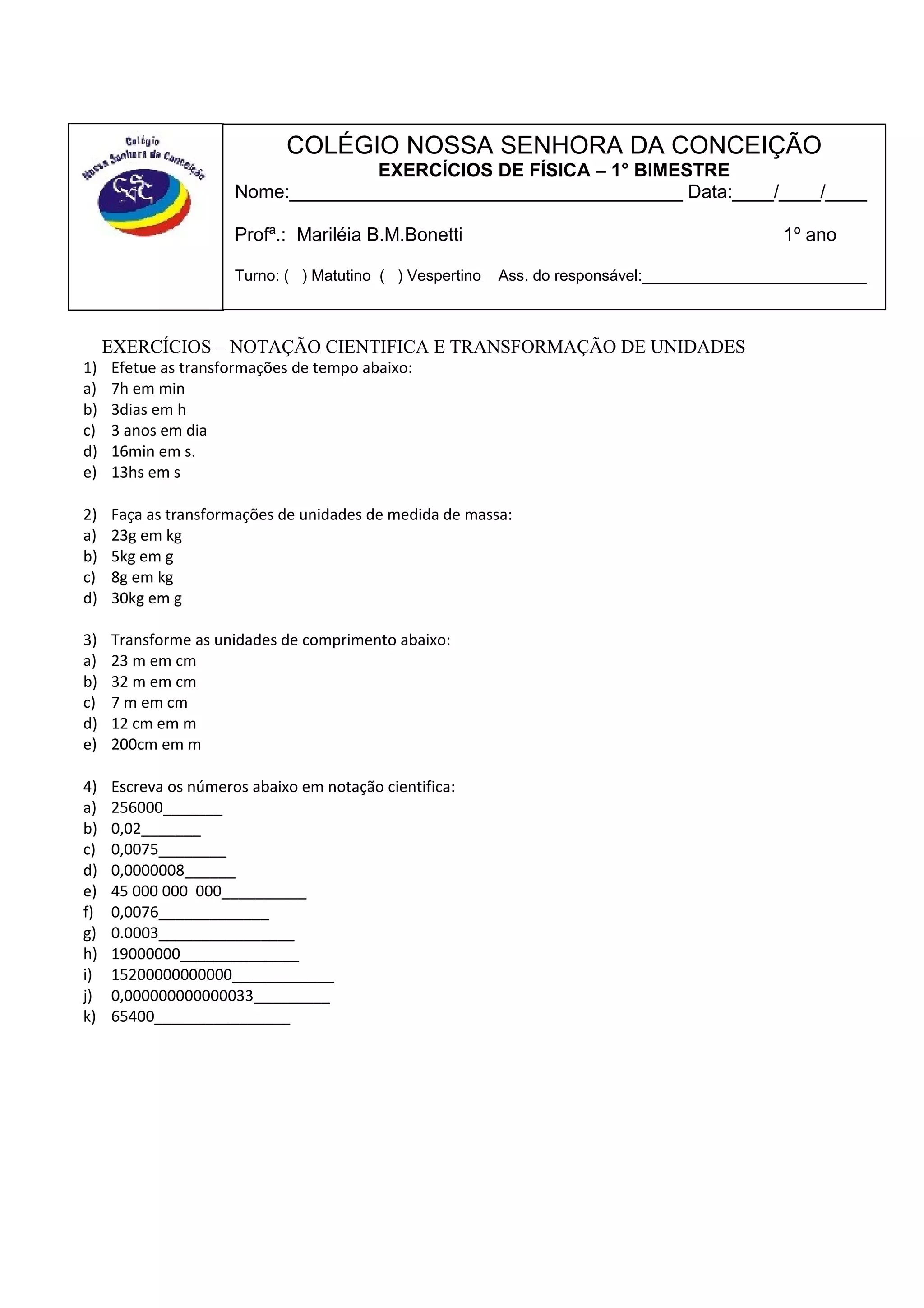Exercícios notação cientifica e unidades- blog | DOC