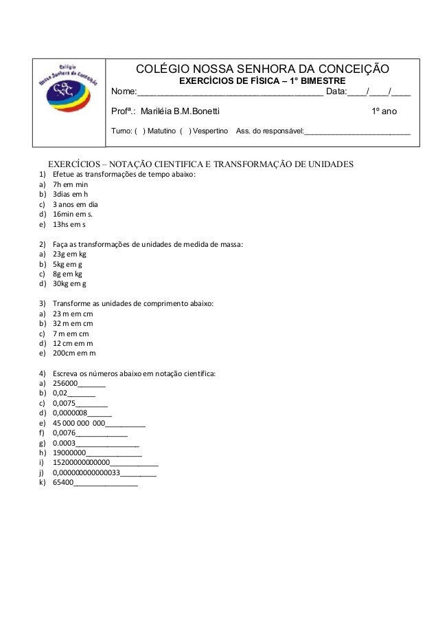 Exercícios notação cientifica e unidades- blog