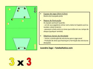 • Espaço de Jogo (35m X 25m)
Dentro do tracejado preto
• Regras de Pontuação
As equipes pontuam quando:
- passarem a bola ...