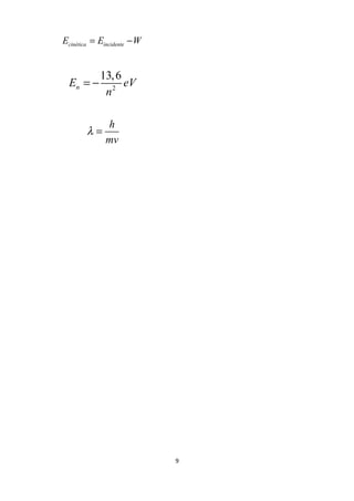 cinética incidenteE E W= −
2
13,6
nE eV
n
= −
h
mv
λ =
9
 