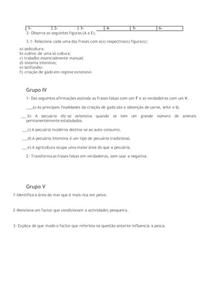 1- 2- 3- 4- 5- 6-
3- Observa as seguintes figuras (A a E).
3.1- Relaciona cada uma das frases com a(s) respectiva(s) figura(s):
a) policultura;
b) cultivo de uma só cultura;
c) trabalho essencialmente manual;
d) sistema intensivo;
e) latifúndio;
f) criação de gado em regime extensivo
Grupo IV
1- Das seguintes afirmações assinala as frases falsas com um F e as verdadeiras com um V.
___a) As principais finalidades da criação de gado são a obtenção de carne, leite e lã.
___b) A pecuária diz-se extensiva quando se tem um grande número de animais
permanentemente estabulados.
___c) A pecuária moderna destina-se ao auto-consumo.
___d) A pecuária intensiva é um tipo de pecuária tradicional.
___e) A agricultura ocupa uma maior área do que a pecuária.
2- Transformaas frases falsas em verdadeiras, sem usar a negativa.
Grupo V
1-Identifica a área do mar que é mais rica em peixe.
2-Menciona um factor que condicionam a actividades pesqueira.
3- Explica de que modo o factor que referiste na questão anterior influencia a pesca.
 