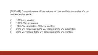(FUC-MT) Cruzando-se ervilhas verdes vv com ervilhas amarelas Vv, os
descendentes serão:

a)
b)
c)
d)
e)

100% vv, verdes;
100% VV, amarelas;
50% Vv, amarelas; 50% vv, verdes;
25% Vv, amarelas; 50% vv, verdes; 25% VV, amarelas;
25% vv, verdes; 50% Vv, amarelas; 25% VV, verdes.

 