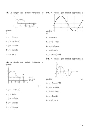 15
142. A função que melhor representa o
gráfico
é:
a. senxy  2
b.  2/.3 xseny 
c. senxy 21
d. xseny 2.2
e. xseny 2
143. A função que melhor representa o
gráfico
é:
a.  2/.3 xseny 
b. xseny 2
c. senxy 21
d. xseny 2.2
e. senxy  2
144. A função que melhor representa o
gráfico
é:
a. xseny 2
b. senxy  2
c. senxy 21
d. xseny 2.2
e.  2/.3 xseny 
145. A função que melhor representa o
gráfico é:
a.  2/.3 xseny 
b. senxy 21
c. senxy  2
d. xseny 2.2
e. xy cos2
 
