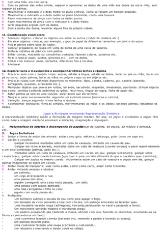 ¶ c om uma mão, ora c om outra.
¶ Com as palmas das mãos unidas, separar e aproximar os dedos de uma mão aos dedos da outra mão, sem
separar as palmas.
¶ Movimentar o indic ador e o dedo médio no plano vertic al, c omo se fossem um homem andando.
¶ Movimentar o indic ador e o dedo médio no plano horizontal, c omo uma tesoura.
¶ Fazer movimentos de pinç a c om todos os dedos juntos.
¶ Fazer movimentos de pinç a c om o indic ador e o dedo médio.
¶ Girar pequenas argolas c om os dedos.
¶ Com a ponta dos dedos, levantar alguns fios do próprio c abelo.
11. Coordenação visomotora
¶ Sobrepor objetos: c oloc ar os objetos uns sobre os outros (c ubos de madeira etc .).
¶ Enc aixar objetos: c oloc ar, por exemplo, c opos de papel de diferentes tamanhos um dentro do outro.
¶ Finc ar palitos sobre base de isopor.
¶ Coloc ar pregadores de roupa em volta da borda de uma c aixa de sapatos.
¶ Perfurar retalhos de plástic o c om palitos.
¶ Enfiar c ontas, mac arrão ou c anudinhos c ortados, fazendo c olares, pulseiras etc .
¶ Pic ar e repic ar papel, palitos, gravetos etc ., c om os dedos.
¶ Cortar c om tesoura: papel, barbante, diferentes fios e tec idos.
¶ Alinhavar
12. Explorar sons e movimentos e acompanhar ritmos lentos e rápidos
¶ Provoc ar sons c om o próprio c orpo: soprar, estalar a língua, estalar os dedos, bater os pés no c hão, bater um
pé no outro, bater palmas, bater as mãos no próprio c orpo ou em objetos etc .
¶ Provoc ar ruídos c om materiais disponíveis no momento: lápis, c aneta, c aderno, giz, c adeira (batendo,
¶ esfregando, puxando, arrastando etc .).
¶ Manipular objetos que provoc am ruídos, batendo, sac udindo, raspando, amassando, apertando. Utilizar objetos
tais c omo: latinhas c ontendo pedrinhas ou grãos, rec o- rec o, língua- de- sogra, folha de papel etc .
¶ Bater palmas ao som de uma c anç ão; parar assim que ela termine.
¶ Danç ar e parar suc essivamente, seguindo um estímulo sonoro (músic as e c antos).
¶ Variaç ão: danç ar seguindo ritmos lentos e rápidos.
¶ Ac ompanhar estruturas rítmic as simples, movimentando as mãos e os dedos: batendo palmas; estalando os
dedos.
Jogos e Atividades envolvendo Representaç ão Simbólic a
A representação simbólica supõe a formação da imagem mental. Por isso, os jogos e atividades a seguir têm
como base a imagem mental e envolvem a imitação, imaginação e linguagem.
1. Metamorfose de objetos e desempenho de papéis: brincar de casinha, de escola, de médico e dentista,
etc..
2. Jogos Imitativos
¶ Imitar a forma de andar dos animais: andar c omo gato, elefante, tartaruga, pular c omo um sapo etc .
¶ Cavalo e c avaleiro
- Galopar livremente montados sobre um c abo de vassoura, imitando um c avalo- de- pau.
- Galopar em ritmo ac elerado, montados sobre um c abo de vassoura (c avalo- de- pau) e parar repentinamente
a um sinal c ombinado (palmas, apito etc .).
- Montados sobre um c abo de vassoura, imitando um c avalo- de- pau: galopar lentamente; galopar sobre
c avalo bravo; galopar sobre c avalo teimoso (que quer ir para um lado diferente do que o c avaleiro quer c aminhar);
- Galopar em duplas no mesmo c avalo: inic ialmente sobre um c abo de vassoura e depois sem ele, galopar
apenas imaginando- se sobre um c avalo.
¶ Imitar meios de transporte: voar c omo avião, c orrer c omo c arro, andar c omo trenzinho.
¶ Andar imitando pessoas e objetos:
- um velhinho;
- um c ego atravessando a rua;
- uma pessoa distraída;
- alguém c arregando uma c oisa muito pesada; .um robô;
- uma pessoa c om sapato apertado;
- uma mãe c arregando o filho no c olo;
- alguém c om muita pressa etc .
¶ Profissões:
- Um bombeiro subindo a esc ada de seu c arro para apagar o fogo.
- Um domador de c irc o domando a fera c om c hic ote. Um palhaç o brinc ando de levantar peso.
- Uma lavadeira lavando roupa (esfregando, torc endo,pendurando no varal e passando a ferro).
- Um marc eneiro serrando madeira e martelando prego.
- Um padeiro preparando pão (batendo a massa, abrindo c om rolo, fazendo os pãezinhos, arrumando- os na
fôrma e c oloc ando- os no forno).
- Uma c ozinheira fazendo c omida (batendo ovo, mexendo a panela e lavando os pratos).
- Um pianista toc ando piano.
- Uma c ostureira fazendo uma roupa (c ortando e c osturando).
- Um relojoeiro c onsertando e dando c orda no relógio.
 