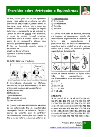 Professor Elton da Costa
Biologia
www.facebook.com/profeltondacostabio/
20
Exercícios sobre Artrópodes e Equinodermas
do mar, exceto pelo fato de que apresenta
alguns tipos celulares, proteínas e um alto
conteúdo de íons potássio. Quando o animal se
loco-move, esse sistema opera como um
sistema hidráulico e a contração da ampola
determina o alongamento do pé ambulacral.
Quando ele entra em contato com o substrato,
o centro da ventosa terminal retrai-se,
produzindo vácuo e adesão. Sabe-se que a
ponta do pé ambulacrário elabora uma
secreção que contribui para a adesão.
O tipo de locomoção descrito acima é
encontrado em:
a) estrela-do-mar d) hidra
b) caracol e) piolho-de-cobra
c) minhoca
80. (UFG) Observe a tira abaixo:
O invertebrado, observado por Mafalda,
pertence ao filo que, evolutivamente, é o mais
próximo dos cordados, por apresentarem:
A) Hábitat marinho
B) Mesoderme
C) Deuterostomia
D) Fecundação externa
E) Simetria radial
81. (Unirio) O sistema hidrovascular exclusivo
de um determinado filo de invertebrados
desempenha funções de locomoção, fixação e
captura de alimento, além de contribuir
decisivamente na respiração e na excreção. O
filo a que se refere a descrição anterior é:
a) Nemathelminthes.
b) Arthropoda.
c) Echinodermata.
d) Annelida.
e) Mollusca.
82. (UFF) Assim como os moluscos, anelídeos
e artrópodes, os equinodermos também são
invertebrados triploblásticos e celomados. A
larva dos equinodermos é
planctônica, mas, na época da metamorfose,
assenta-se sobre o substrato e dá origem ao
adulto, que é séssil, ou apresenta pequena
capacidade de deslocamento.
Dentre os animais marinhos da figura acima,
três dos representantes do
filo Echinodermata estão indicados por:
a) I, II, V.
b) I, III, IV.
c) III, IV, VI.
d) III, VI, VII.
e) V, VI, VII.
GABARITO
1B 2B 3D 4E 5E 6C 7A 8E 9D 10D 11A 12C
13B 14A 15A 16B 17B 18A 19D 20B 21D 22A
23C 24E 25C 26D 27B 28D 29A 30A 31D 32E
33D 34A 35E 36E 37A 38E 39E 40C 41D 42B
43B 44C 45B 46A 47B 48A 49C 50D 51B 52A
53B 54C 55A 56D 57C 58C 59A 60D 61E 62C
63D 64D 65C 66A 67C 68C 69B 70C 71D 72C
73E 74D 75C 76E 77E 78D 79B 80C 81C 82A
 