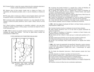 2
01. O Oceano Pacífico, o maior dos oceanos, banha terras dos continentes americano e
             europeu, situadas integralmente no hemisfério ocidental.                   01. O primeiro fuso horário brasileiro é o segundo fuso a Oeste do Meridiano de
                                                                                        Greenwich, abrangendo apenas a parte oceânica do território brasileiro.
02. Algumas áreas da faixa tropical, situada entre os trópicos de Câncer e de           02. O segundo fuso brasileiro, que é o segundo fuso a Oeste do Meridiano de
Capricórnio, são fracamente povoadas, como é o caso da Amazônia, na América do          Greenwich, abrange grande parte do país, inclusive o Distrito Federal, sendo aquele
Sul.                                                                                    que define a hora oficial do Brasil, adiantada 3 horas.
                                                                                        04. O terceiro fuso brasileiro compreende os estados do Mato Grosso, Mato Grosso do
04. Pelo mapa, pode-se concluir que, embora as massas líquidas cubram a maior parte     Sul, Rondônia, Roraima, parte do Amazonas e parte do Pará.
da superfície terrestre, sua distribuição é desigual nos hemisférios Norte e Sul.       08. O quarto fuso brasileiro tem uma defasagem de 5 horas em relação ao Meridiano
                                                                                        de Greenwich, compreendendo o estado do Acre e parte do oeste do Amazonas.
08. Os principais países industrializados localizam-se na zona temperada do Norte,      16. A hora oficial do Brasil corresponde à hora legal do país, também chamada de
enquanto a maioria dos países periféricos, entre os quais o Brasil, situa-se na faixa   hora de Brasília, defasada 3 horas em relação ao Meridiano de Greenwich.
tropical.
                                                                                        6. 2006 - 14) Com relação à localização do Brasil e de Santa Catarina, assinale a(s)
16. O Brasil localiza-se integralmente no hemisfério ocidental e tem suas horas         proposição(ões) CORRETA(S).
atrasadas em relação à Europa e à África, porque o movimento de rotação da Terra se
faz de Oeste para Leste.                                                                01. O território brasileiro localiza-se totalmente em áreas de baixas latitudes.
                                                                                        02. Santa Catarina encontra-se com 2/3 de suas terras na porção setentrional do
5. 2005 - 18) Em razão de sua grande extensão Leste-Oeste, o território brasileiro é    trópico de Capricórnio.
abrangido por quatro fusos horários. Com base na figura abaixo, assinale a(s)           04. Em relação ao meridiano de Greenwich, o território de Santa Catarina está
proposição(ões) CORRETA(S):                                                             totalmente inserido no hemisfério oriental.
                                                                                        08. Na América do Sul, o Brasil é o único país que é cortado pelos paralelos de 0° e
              FUSOS HORÁRIOS DO TERRITÓRIO BRASILEIRO                                   23°27’S.
                                                                                        16. Santa Catarina possui fronteira com um dos países membros do Mercosul.
                                                                                        32. O Brasil possui fronteiras com todos os países da América Andina.
                    4o            3o              2o         1o
                                                                                        64. Devido à sua localização, Santa Catarina encontra-se no segundo fuso horário
                                                                                        brasileiro.

                                                                                        7. 2008 – 11) A partir da interpretação do mapa Brasil: dimensões e pontos extremos,
                                                                                        e considerando que o Brasil possui terras nos três dos quatro hemisférios da Terra,
                                                                                        assinale a(s) proposição(ões) CORRETA(S) sobre a caracterização do espaço
                                                                                        geográfico brasileiro.

                                                                                        01. Em função das dimensões leste-oeste, o Brasil apresenta somente dois fusos
                                                                                        horários,
                                                                                        que estão adiantados em relação ao meridiano de Greenwich (0°).
                                                                                        02. Em relação ao paralelo de 0°, o Brasil possui terras nos hemisférios norte e sul.
                                                                                        04. O ponto extremo oriental do Brasil localiza-se na Região Norte.
                                                                                        08. A latitude extremo meridional do Brasil corresponde a 33°45’09”S.
                                                                                        16. Dois dos quatro pontos extremos do Brasil localizam-se no Complexo Regional da
                                                                                        Amazônia.
                                                                                        32. Os pontos extremos do Brasil não são considerados eqüidistantes.
                 Fonte: DUARTE, Paulo Araújo. Cartografia
                        Básica. Florianópolis: Ed. da UFSC, 1986,
                        p. 42. (adaptado)
 
