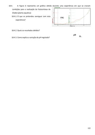 18.4.

A Figura 6 representa um gráfico obtido durante uma experiência em que se criaram

condições para a realização da Fotossíntese da
Elodea (planta aquática)
18.4.1. O que se pretendeu averiguar com esta
experiência?

FIG
6

18.4.2. Quais os resultados obtidos?
pH
18.4.3. Como explica a variação do pH registada?

O2

105

 