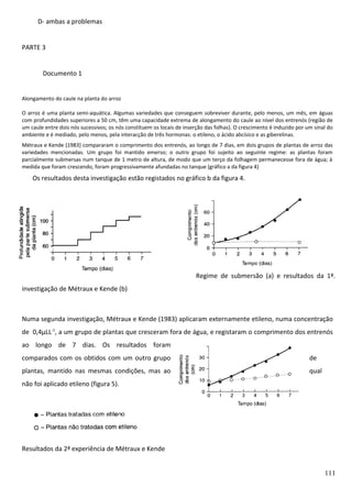 D- ambas a problemas
PARTE 3
Documento 1
Alongamento do caule na planta do arroz
O arroz é uma planta semi-aquática. Algumas variedades que conseguem sobreviver durante, pelo menos, um mês, em águas
com profundidades superiores a 50 cm, têm uma capacidade extrema de alongamento do caule ao nível dos entrenós (região de
um caule entre dois nós sucessivos; os nós constituem os locais de inserção das folhas}. O crescimento é induzido por um sinal do
ambiente e é mediado, pelo menos, pela interacção de três hormonas: o etileno, o ácido abcísico e as giberelinas.
Métraux e Kende (1983} compararam o comprimento dos entrenós, ao longo de 7 dias, em dois grupos de plantas de arroz das
variedades mencionadas. Um grupo foi mantido emerso; o outro grupo foi sujeito ao seguinte regime: as plantas foram
parcialmente submersas num tanque de 1 metro de altura, de modo que um terço da folhagem permanecesse fora de água; à
medida que foram crescendo, foram progressivamente afundadas no tanque (gráfico a da figura 4)

Os resultados desta investigação estão registados no gráfico b da figura 4.

Regime de submersão (a) e resultados da 1ª.
investigação de Métraux e Kende (b)

Numa segunda investigação, Métraux e Kende (1983) aplicaram externamente etileno, numa concentração
de 0,4µLL-1, a um grupo de plantas que cresceram fora de água, e registaram o comprimento dos entrenós
ao longo de 7 dias. Os resultados foram
comparados com os obtidos com um outro grupo

de

plantas, mantido nas mesmas condições, mas ao

qual

não foi aplicado etileno (figura 5).

Resultados da 2ª experiência de Métraux e Kende
111

 