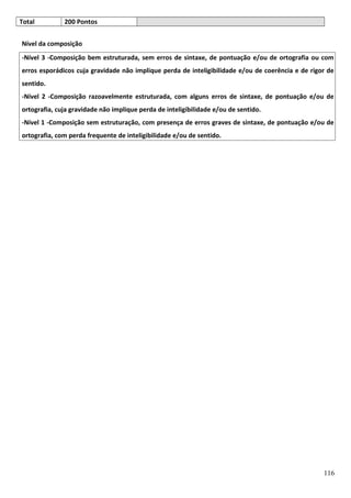 Total

200 Pontos

Nível da composição
-Nível 3 -Composição bem estruturada, sem erros de sintaxe, de pontuação e/ou de ortografia ou com
erros esporádicos cuja gravidade não implique perda de inteligibilidade e/ou de coerência e de rigor de
sentido.
-Nível 2 -Composição razoavelmente estruturada, com alguns erros de sintaxe, de pontuação e/ou de
ortografia, cuja gravidade não implique perda de inteligibilidade e/ou de sentido.
-Nível 1 -Composição sem estruturação, com presença de erros graves de sintaxe, de pontuação e/ou de
ortografia, com perda frequente de inteligibilidade e/ou de sentido.

116

 