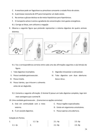C. A exocitose pode ser fagocitose ou pinocitose consoante o estado físico do soluto.
D. A permease necessita de ATP para transportar um dado soluto.
E. Na osmose a glicose desloca-se de meios hipotónicos para hipertónicos.
F. O transporte activo é contra o gradiente de concentração e tem gastos energéticos.
8.1. Corrige as falsas, sem utilizares a negação
9. Observa a seguinte figura que pretende representar o sistema digestivo de quatro animais
distintos.

9.1. Faz a correspondência correcta entre cada uma das afirmações seguintes e a(s) letra(s) da
figura.
I. Tubo digestivo incompleto.

V. Digestão intracelular e extracelular.

II. Possui cavidade gastrovascular.

VI. Tubo digestivo com duas aberturas:

III. Possui moela.

boca e ânus.

IV. Possui dentes, que trituram o alimento
antes de ser deglutido.
9.2. Comenta a seguinte afirmação: O Animal D possui um tubo digestivo completo, logo tem
mais vantagens que o animal B.
10. Uma cavidade gastrovascular... (transcreve as opções correctas)
A. Está em continuidade com o meio
externo.

C. Possui regiões especializadas.
D. Existe em organismos unicelulares.

B. É um vacúolo digestivo.

E. Possui apenas uma abertura.

Cotação em Pontos.
1.

1.2. 3p
1.1. 2p

2.

2.1. 4p

2.3. 6p

2.2. 8p

2.4. 8p
34

 