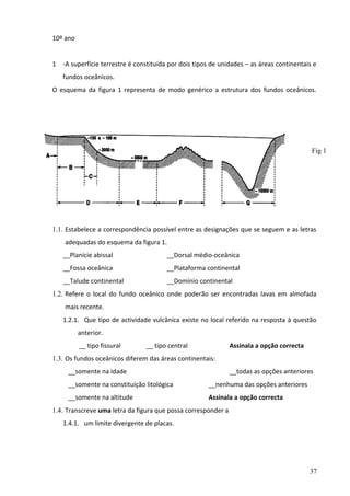 10º ano
1 -A superfície terrestre é constituída por dois tipos de unidades – as áreas continentais e
fundos oceânicos.
O esquema da figura 1 representa de modo genérico a estrutura dos fundos oceânicos.

Fig 1

1.1. Estabelece a correspondência possível entre as designações que se seguem e as letras
adequadas do esquema da figura 1.
__Planície abissal

__Dorsal médio-oceânica

__Fossa oceânica

__Plataforma continental

__Talude continental

__Domínio continental

1.2. Refere o local do fundo oceânico onde poderão ser encontradas lavas em almofada
mais recente.
1.2.1. Que tipo de actividade vulcânica existe no local referido na resposta à questão
anterior.
__ tipo fissural

__ tipo central

Assinala a opção correcta

1.3. Os fundos oceânicos diferem das áreas continentais:
__somente na idade

__todas as opções anteriores

__somente na constituição litológica

__nenhuma das opções anteriores

__somente na altitude

Assinala a opção correcta

1.4. Transcreve uma letra da figura que possa corresponder a
1.4.1. um limite divergente de placas.

37

 