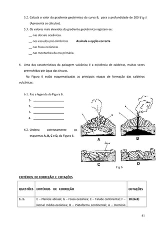 5.2. Calcula o valor do gradiente geotérmico da curva B, para a profundidade de 200 Km. 5
Fig
(Apresenta os cálculos).
5.3. Os valores mais elevados do gradiente geotérmico registam-se:
__ nas dorsais oceânicas.
__ nos escudos pré-câmbricos

Assinala a opção correcta

__ nas fossa oceânicas
__ nas montanhas da era primária.
6. Uma das características da paisagem vulcânica é a existência de caldeiras, muitas vezes
preenchidas por água das chuvas.
Na Figura 6 estão esquematizadas as principais etapas de formação das caldeiras
vulcânicas:
6.1. Faz a legenda da Figura 6.
1- ___________________
2- ___________________
3- ___________________
4- ___________________
6.2. Ordena

correctamente

os

esquemas A, B, C e D, da Figura 6.

Fig 6
CRITÉRIOS DE CORREÇÃO E COTAÇÕES
QUESTÕES CRITÉRIOS DE CORREÇÃO
1. 1.

COTAÇÕES

E – Planície abissal; G – Fossa oceânica; C – Talude continental; F – 18 (6x3)
Dorsal médio-oceânica; B – Plataforma continental; A – Domínio
41

 