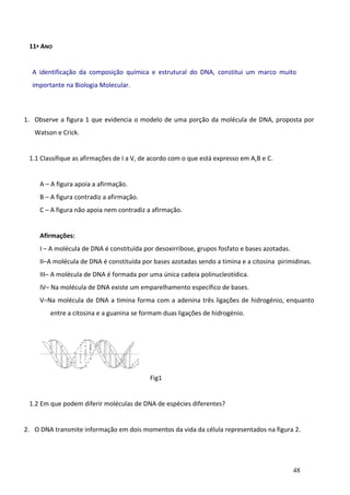 11º ANO
A identificação da composição química e estrutural do DNA, constitui um marco muito
importante na Biologia Molecular.

1. Observe a figura 1 que evidencia o modelo de uma porção da molécula de DNA, proposta por
Watson e Crick.
1.1 Classifique as afirmações de I a V, de acordo com o que está expresso em A,B e C.
A – A figura apoia a afirmação.
B – A figura contradiz a afirmação.
C – A figura não apoia nem contradiz a afirmação.
Afirmações:
I – A molécula de DNA é constituída por desoxirribose, grupos fosfato e bases azotadas.
II–A molécula de DNA é constituída por bases azotadas sendo a timina e a citosina pirimidinas.
III– A molécula de DNA é formada por uma única cadeia polinucleotídica.
IV– Na molécula de DNA existe um emparelhamento específico de bases.
V–Na molécula de DNA a timina forma com a adenina três ligações de hidrogénio, enquanto
entre a citosina e a guanina se formam duas ligações de hidrogénio.

Fig1
1.2 Em que podem diferir moléculas de DNA de espécies diferentes?
2. O DNA transmite informação em dois momentos da vida da célula representados na figura 2.

48

 