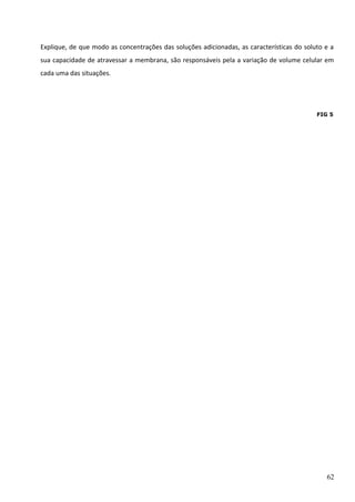 Explique, de que modo as concentrações das soluções adicionadas, as características do soluto e a
sua capacidade de atravessar a membrana, são responsáveis pela a variação de volume celular em
cada uma das situações.

FIG 5

62

 