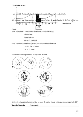 12.1.1- Refira os factos do ciclo celular que justifiquem a/s verdadeira/s.
13- Considere o gráfico seguinte onde se regista a hora da quantificação do DNA de células em
cultura.
Fase
mitótica

Figura 1
13.1- Indique para essa célula a duração de, respectivamente:
a) Interfase.
b) Período G1.
c) Um ciclo celular.
13.2- Qual teria sido a alteração estrutural do cromossoma entre
a) As 9 e as 12 horas
b) Às 14 horas
14- Ordene cronologicamente os esquemas de 1 a 6.

15- Dos três tipos de células referidas no texto da página 4, qual o tipo que entra no período G0?
Questão Cotação

Correcção
85

 