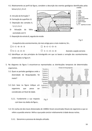 4.1. Relativamente ao perfil da figura, considere a descrição dos eventos geológicos identificadas pelas
letras A, B, C, D e E
A- Intrusão da formação 7
B- Formação da superfície 11
C- Deposição das camadas 6,
5, 4, 3, 2 e 1
D-

Actuação

da

falha

assinalada com 9.
E- Deposição do estrato 8, seguida de erosão
Fig 4
A sequência dos acontecimentos, do mais antigo para o mais moderno, foi…
E–C–B–A–D

B–E–C–D–A

E– C – A – D – B

E–C–D–A–B

Assinale a opção correcta

4.2. Identifique um dos princípios da Estratigrafia em que se baseia a seriação dos acontecimentos
evidenciados na figura 4.
5. No diagrama da figura 5 encontram-se representadas as distribuições temporais de determinados
organismos.
5.1. Quais os períodos geológicos onde a
diversidade de Braquiópodes foi
maior?
5.2. Com base na figura indique um
organismo

que

possa

ser

considerado um fóssil de idade.
5.2.1. Fundamente a sua resposta

Fig 5

com base nos dados da figura..
5.3. Em rochas de dois locais distanciados de 1200Km foram encontrados fósseis do organismo a que se
refere a questão anterior. Refira o que pode concluir relativamente à idade dessas rochas.
5.3.1. Denomine o processo de datação utilizado.
99

 