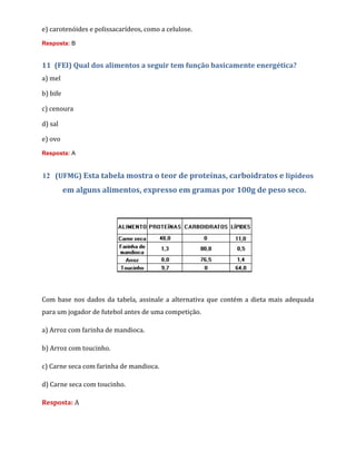 e) carotenóides e polissacarídeos, como a celulose.
Resposta: B
11 (FEI) Qual dos alimentos a seguir tem função basicamente energética?
a) mel
b) bife
c) cenoura
d) sal
e) ovo
Resposta: A
12 (UFMG) Esta tabela mostra o teor de proteínas, carboidratos e lipídeos
em alguns alimentos, expresso em gramas por 100g de peso seco.
Com base nos dados da tabela, assinale a alternativa que contém a dieta mais adequada
para um jogador de futebol antes de uma competição.
a) Arroz com farinha de mandioca.
b) Arroz com toucinho.
c) Carne seca com farinha de mandioca.
d) Carne seca com toucinho.
Resposta: A
 
