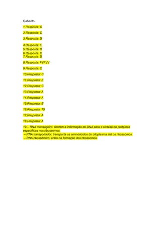 Gabarito
1.Resposta: C
2.Resposta: C
3.Resposta: D
4.Resposta: E
5.Resposta: D
6.Resposta: C
7.Resposta: D
8.Resposta: FVFVV
9.Resposta: C
10.Resposta: C
11.Resposta: E
12.Resposta: C
13.Resposta: A
14.Resposta: A
15.Resposta: E
16.Resposta: 75
17.Resposta: A
18.Resposta: A
19.– RNA mensageiro: contém a informação do DNA para a síntese de proteínas
específicas nos ribossomos.
– RNA transportador: transporta os aminoácidos do citoplasma até os ribossomos.
– RNA ribossômico: entra na formação dos ribossomos.
 