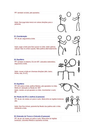 PP: sentado na bola, pés apoiados.
Ação: fisio joga bola menor em várias direções para o
paciente.
31. Coordenação
PP: de pé, segurando a bola.
Ação: jogar a bola para fisio quicar no chão, bater palmas,
colocar mão no ombro oposto, fletir joelhos alternadamente.
32. Equilíbrio
PP: sentado no tatame, EU em 90º, cotovelos estendidos,
segurando a bola.
Ação: mover a bola em diversas direções (alto, baixo,
frente, trás, D e E).
33. Equilíbrio
PP: DD sobre a bola, joelhos fletidos, pés apoiados no chão.
MsSs em abdução ou flexão de 180º.
Ação: manter um pé apoiado no chão, movimentar o outro
MI.
34. Flexão de CFs e Joelhos (2 pessoas)
PP: de pé, de costas um para o outro. Bola entre as regiões toráxicas
alta.
Ação: fisio fica imóvel, paciente faz flexão dos joelhos até o chão,
mantendo a bola.
35. Extensão do Tronco e Cotovelo (2 pessoas)
PP: de pé, de costas um para o outro. Bola entre as regiões
toráxicas, cotovelos fletidos e apoiados na bola.
 