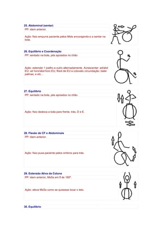 25. Abdominal (sentar)
PP: idem anterior.
Ação: fisio empurra paciente pelos MsIs encorajando-o a sentar na
bola.
26. Equilíbrio e Coordenação
PP: sentado na bola, pés apoiados no chão.
Ação: estender 1 joelho e outro alternadamente. Acrescentar: ad/abd
EU; ad horz/abd horz EU; fl/ext de EU e cotovelo circundação; bater
palmas; e etc...
27. Equilíbrio
PP: sentado na bola, pés apoiados no chão.
Ação: fisio desloca a bola para frente, trás, D e E.
28. Flexão de CF e Abdominais
PP: idem anterior.
Ação: fisio puxa paciente pelos ombros para trás.
29. Extensão Ativa da Coluna
PP: idem anterior, MsSs em fl de 180º.
Ação: eleva MsSs como se quisesse tocar o teto.
30. Equilíbrio
 