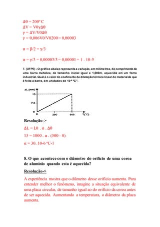 Δθ = 200º C
ΔV = V0γΔθ
γ = ΔV/V0Δθ
γ = 0,006V0/V0200 = 0,00003
α = β/2 = γ/3
α = γ/3 = 0,00003/3 = 0,00001 = 1 . 10-5
7. (UFPE) - O gráfico abaixo representa a variação, em milímetros, do comprimento de
uma barra metálica, de tamanho inicial igual a 1,000m, aquecida em um forno
industrial. Qual é o valor do coeficiente de dilatação térmica linear do materialde que
é feita a barra, em unidades de 10-6 ºC-1.
Resolução->
ΔL = L0 . α . Δθ
15 = 1000 . α . (500 - 0)
α = 30. 10-6 ºC-1
8. O que acontece com o diâmetro do orifício de uma coroa
de alumínio quando esta é aquecida?
Resolução->
A experiência mostra que o diâmetro desse orifício aumenta. Para
entender melhor o fenômeno, imagine a situação equivalente de
uma placa circular, de tamanho igual ao do orifício da coroa antes
de ser aquecida. Aumentando a temperatura, o diâmetro da placa
aumenta.
 