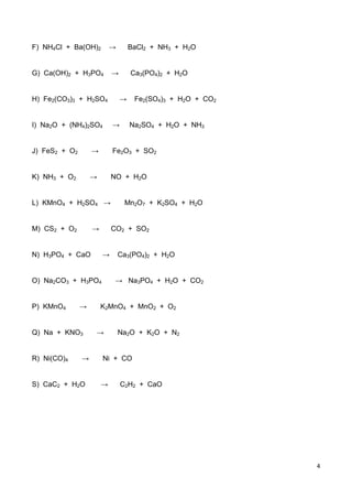 4
F) NH4Cl + Ba(OH)2 → BaCl2 + NH3 + H2O
G) Ca(OH)2 + H3PO4 → Ca3(PO4)2 + H2O
H) Fe2(CO3)3 + H2SO4 → Fe2(SO4)3 + H2O + CO2
I) Na2O + (NH4)2SO4 → Na2SO4 + H2O + NH3
J) FeS2 + O2 → Fe2O3 + SO2
K) NH3 + O2 → NO + H2O
L) KMnO4 + H2SO4 → Mn2O7 + K2SO4 + H2O
M) CS2 + O2 → CO2 + SO2
N) H3PO4 + CaO → Ca3(PO4)2 + H2O
O) Na2CO3 + H3PO4 → Na3PO4 + H2O + CO2
P) KMnO4 → K2MnO4 + MnO2 + O2
Q) Na + KNO3 → Na2O + K2O + N2
R) Ni(CO)4 → Ni + CO
S) CaC2 + H2O → C2H2 + CaO
 