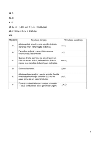 9
III. B
IV. C
V. D
VI. Cu (s) + H2SO4 (aq)  H2 (g) + CuSO4 (aq)
VII. 2 NO (g) + O2 (g)  2 NO2 (g)
VIII.
FRASCO Resultado do teste Fórmula da substância
A
Adicionando à amostra uma solução de ácido
clorídrico (HC) há formação de bolhas.
CuCO3
B
Fazendo o teste de chama obtém-se uma
coloração azul esverdeado.
CuC2
C
Quando é feita a pirólise da amostra em um
tubo de ensaio aberto, ocorre diminuição da
massa e as paredes do tubo ficam molhadas.
NaHCO3
D É um líquido volátil. C2H6O
E
Adicionando uma colher rasa da amostra (líquida
ou sólida) em um copo contendo 500 mL de
água, forma-se um sistema bifásico.
CHC3
F
Entre os combustíveis mencionados no quadro
1, a sua combustão é a que gera mais fuligem.
C18H38O
 