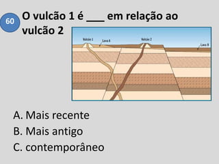 O vulcão 1 é ___ em relação ao
vulcão 2
A. Mais recente
B. Mais antigo
C. contemporâneo
60
 